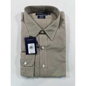 NWT Polo Ralph Lauren Andrew Custom Fit 17-34 Tan Stripe Dress Shirt